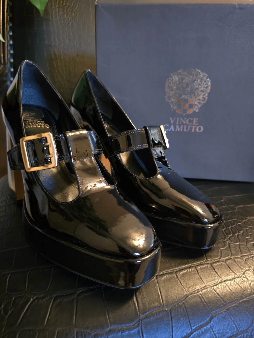 Vince Camuto Black Patent Mary Jane Platform Heels with Gold Buckle